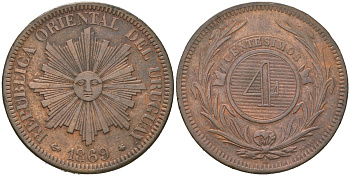 Уругвай 4 сентесимо 1869 KM 13 бронза 221-1045