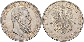 Пруссия 5 марок 1888 A, Фридрих III (1888) KM 512 серебро aUNC 4044-612