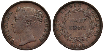 Стрейтс-Сетлментс 1/2 цента 1845 Ост-Индская компания KM 2 медь 1521-135