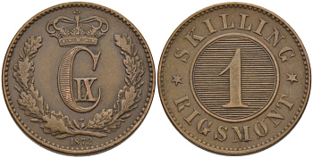 ДАНИЯ 1 СКИЛЛИНГ 1872 КРИСТИАН IX (1863-1906) KM 774 бронза 100-339