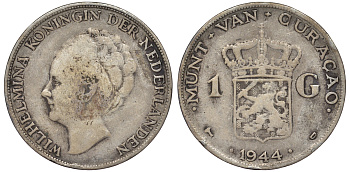 Нидерландское Кюрасао 1 гульден 1944 D, Вильгельмина (1890-1948) KM 45 серебро 36-722