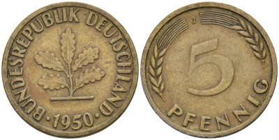 ФРГ 5 пфеннигов 1950 J KM 107, J. 382 сталь плакированная латунью 4585-811
