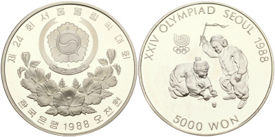 Южная Корея 5000 вон 1988 XXIV Летние Олимпийские игры в Сеуле 1988 года, дети KM 71 серебро PROOF 06-245-24