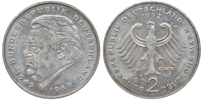 ФРГ 2 марки 1992 D, Франц Йозеф Штраус, 40 лет Федеративной Республике (1949-1989) KM 175, J. медно-никель 4137-1024