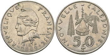 Французская Новая Каледония 50 франков 2009 хижина среди сосен и пальм, (IEOM) KM 13a, Schoen 15a, Lec 128i медно-никель 115-533