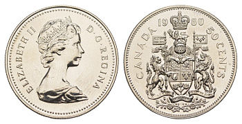 Канада 50 центов 1980 Елизавета II (1952-2022), герб KM 75 никель PROOF-LIKE (BU) 4631-1013