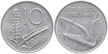 ИТАЛИЯ 10 ЛИР 1954 R, ПЛУГ KM 93 алюминий 34-1245