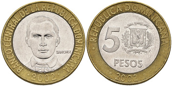 Доминиканская республика 5 песо 2002 Санчес KM 89 биметалл 4143-1152