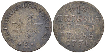 Польша, Восточная Пруссия 1 грош 1771 Е, Фридрих II Прусский (1740-1786), вес 0,71 гр., монетный двор Кенигсберг KM 10, Olding 233, v. Schrotter 1257 серебро 1517-1231