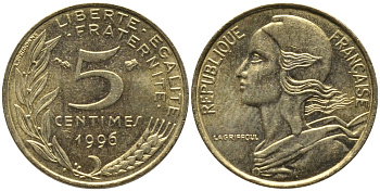 ФРАНЦИЯ 5 САНТИМОВ 1996 ТИП MARIANNE KM 933 медь алюминий никель 99-1129