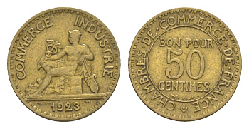 Франция 50 сантимов 1923 KM 884, Le Franc 191.6 алюминиевая бронза 83-315