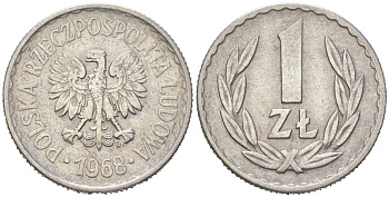Польша 1 злотый 1968 MW, редкий год Y 49.1 алюминий 4591-846