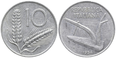 ИТАЛИЯ 10 ЛИР 1954 R, ПЛУГ KM 93 алюминий 34-1245
