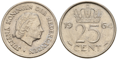 Нидерланды 25 центов 1964 Юлиана (1949-1980) KM 183 никель    4598-422
