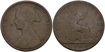 Великобритания 1/2 пенни 1861 Виктория (1837-1901) KM 748.2, Spink 3956 бронза 4187-1046
