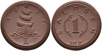 Саксония 1 марка 1921 парусник J. N 55 фарфор 1094-4-34