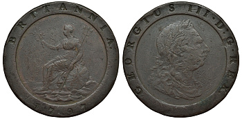 Великобритания 2 пенса 1797 Георг III (1760-1820), большой формат, вес 56,33 гр KM 619, Spink 3776 медь 1524-613