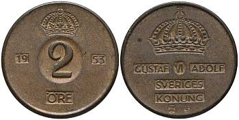 Швеция 2 эре 1953 TS, Густав VI Адольф (1950-1973) KM 821 бронза 202-631