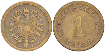 ГЕРМАНИЯ 1 ПФЕННИГ 1886 D, СТАРОГЕРБОВКА KM 1, J. 1, Weege 1 медь 206-1047
