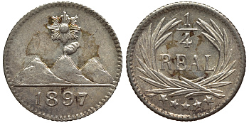 Гватемала 1/4 реала 1897 5 звезд, Испанское правление KM 162 серебро 112-1061
