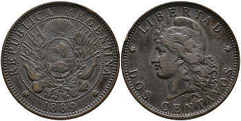 Аргентина 2 сентаво 1889 голова Свободы влево KM 8 бронза 4531-921