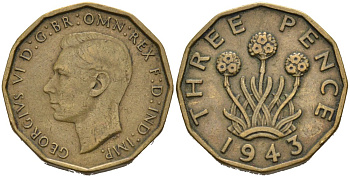 Великобритания 3 пенса 1943 Георг VI (1937-1952) KM 849, Spink 4112 никель латунь 4561-956