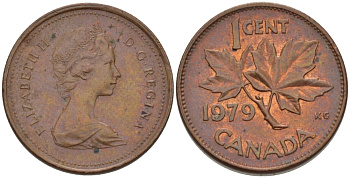 Канада 1 цент 1979 Елизавета II (1952-2022), кленовый лист KM 59.2 бронза 75-1156