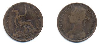 Великобритания 1 пенни 1891 Виктория (1837-1901) KM 755, Spink 3954 бронза 4379-135
