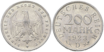 Германия 200 марок 1923 D KM 35 алюминий aUNC 34-137