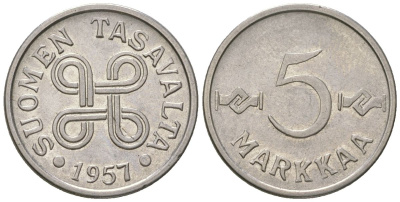 Финляндия 5 марок 1957 KM 37a железо плакированная никелем UNC 4169-255