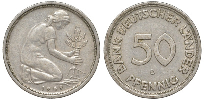 ФРГ 50 пфеннигов 1949 D KM 104, J. 379 медно-никель 4132-627