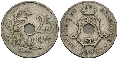 Бельгия 25 сантимов 1908 Belgique KM 62 медно-никель 4168-1131
