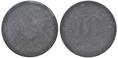 ГЕРМАНИЯ 10 ПФЕННИГОВ 1921 KM 26, J. 299 цинк 45-1267