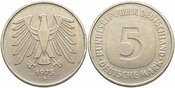 ФРГ 5 марок 1975 F, монетный двор Штутгарт КМ 140.1, J. 415 медно-никель плакированный никелем 109-843