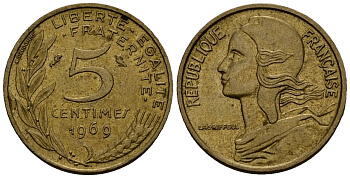 Франция 5 сантимов 1969 KM 933 алюминиевая бронза 4136-744
