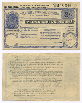 АНГЛИЯ ПОЧТОВОЕ ТРЕБОВАНИЕ НА 2 ШИЛЛИНГА 1944 ВЫПУШЕН 28 ИЮЛЯ 1944 ГОДА СТАФФОРД, БЕЗ ОТМЕТКИ О ГАШЕНИИ бумага 7214-17-3