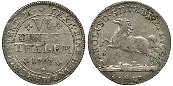 Брауншвейг-Вольфенбюттель 1/6 талера 1767 IDB, вес 5,18 гр. КМ 971 серебро 413-1913