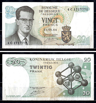 Бельгия 20 франков 1964 Pick 138 (3) бумага 6312-34-2-2