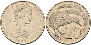 Новая Зеландия 20 центов 1984 Елизавета II (1952-2022), птичка киви KM 36.1 медно-никель 4131-1142