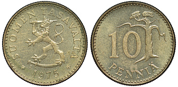 ФИНЛЯНДИЯ 10 ПЕННИ 1975 S KM 46 алюминиевая бронза 3334-1132