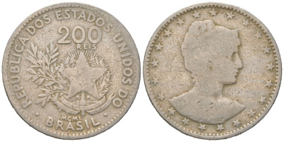 Бразилия 200 реалов 1901 MCMI, голова свободы вправо KM 504 медно-никель 4612-151