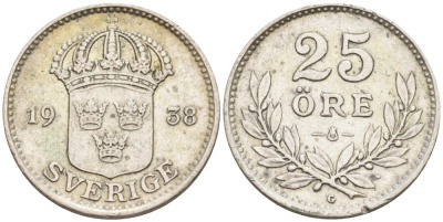 Швеция 25 эре 1938 G, Густав V (1907-1950) KM 785 серебро 4380-1234