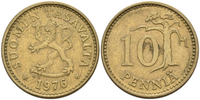 ФИНЛЯНДИЯ 10 ПЕННИ 1976 K KM 46 алюминиевая бронза 192-1041