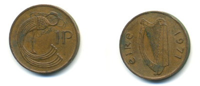 ИРЛАНДИЯ 1 ПЕННИ 1971 ПТИЧКА KM 20 бронза 4364-846
