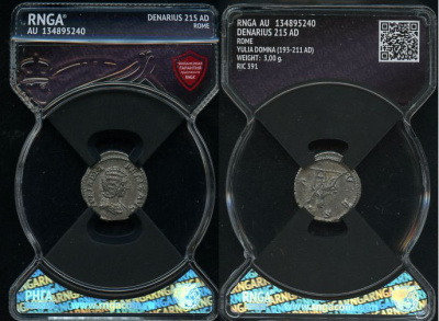 Римская Империя денарий 215 Юлия Домна, жена Септимия Севера, IVLIA PIA FELIX AVG, бюст императрицы/VESTA, Веста, Рим, в слабе RNGA - AU RIC 391 серебро 15-004-05