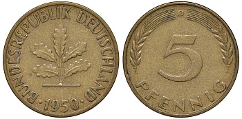 ФРГ 5 пфеннигов 1950 D KM 107, J.382 сталь плакированная латунью 4174-514