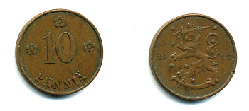 Финляндия 10 пенни 1927 республика (1918-1962) KM 24 медь 46-1613
