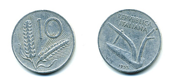 ИТАЛИЯ 10 ЛИР 1955 R, КОЛОСЬЯ, ПЛУГ KM 93 алюминий 23-1153