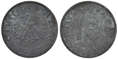 Германия 10 пфеннигов 1947 F, союзническая оккупация KM A 104 цинк 4119-432