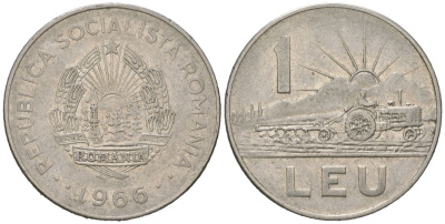 Румыния 1 лей 1966 KM 95 сталь плакированная никелем 94-855